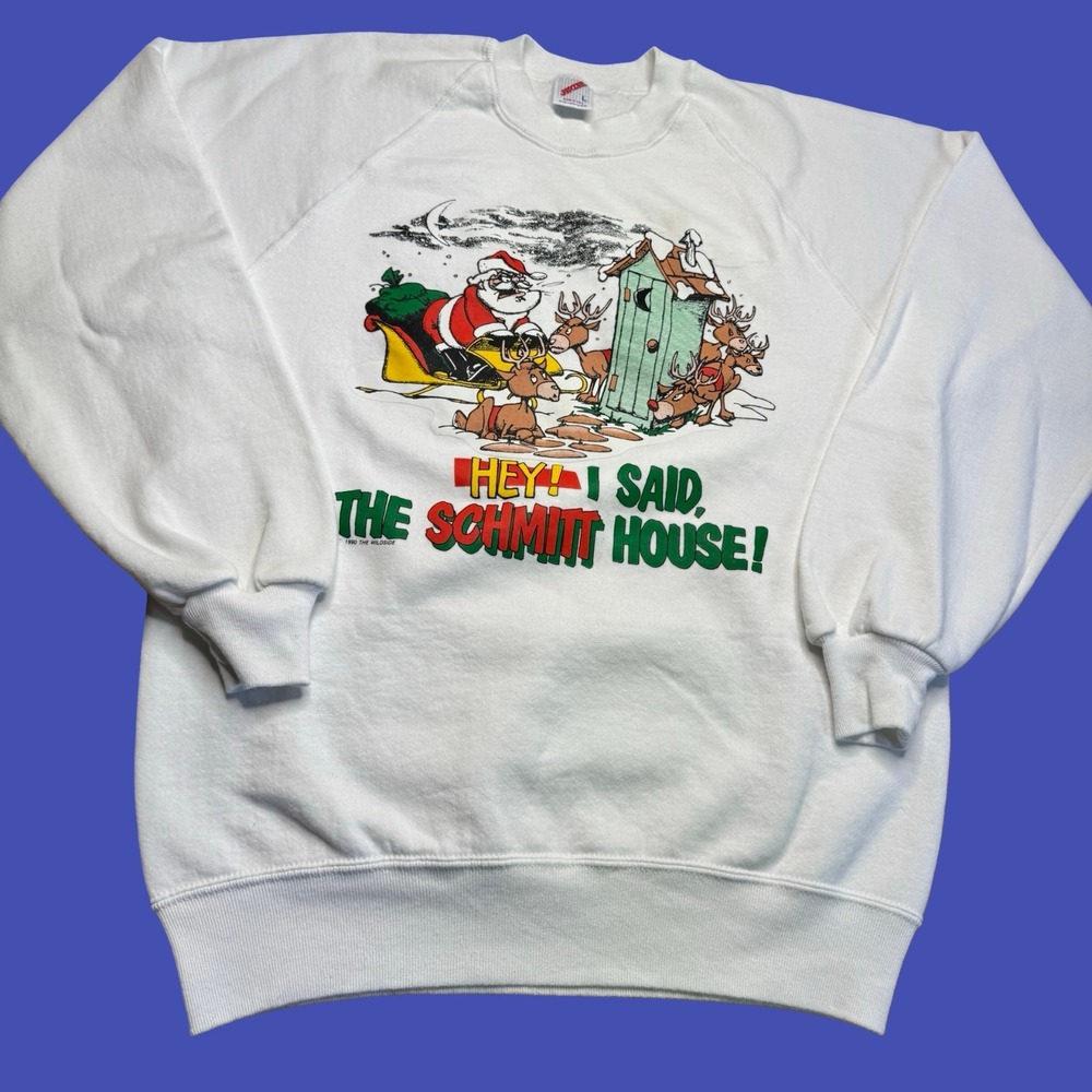 Vintage Schmitt House Sweatshirt Large White Santa Reindeer Christmas USA